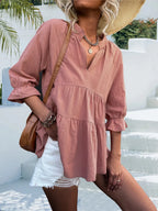 Ruffled Notched Three-quarter Sleeve Blouse (9)