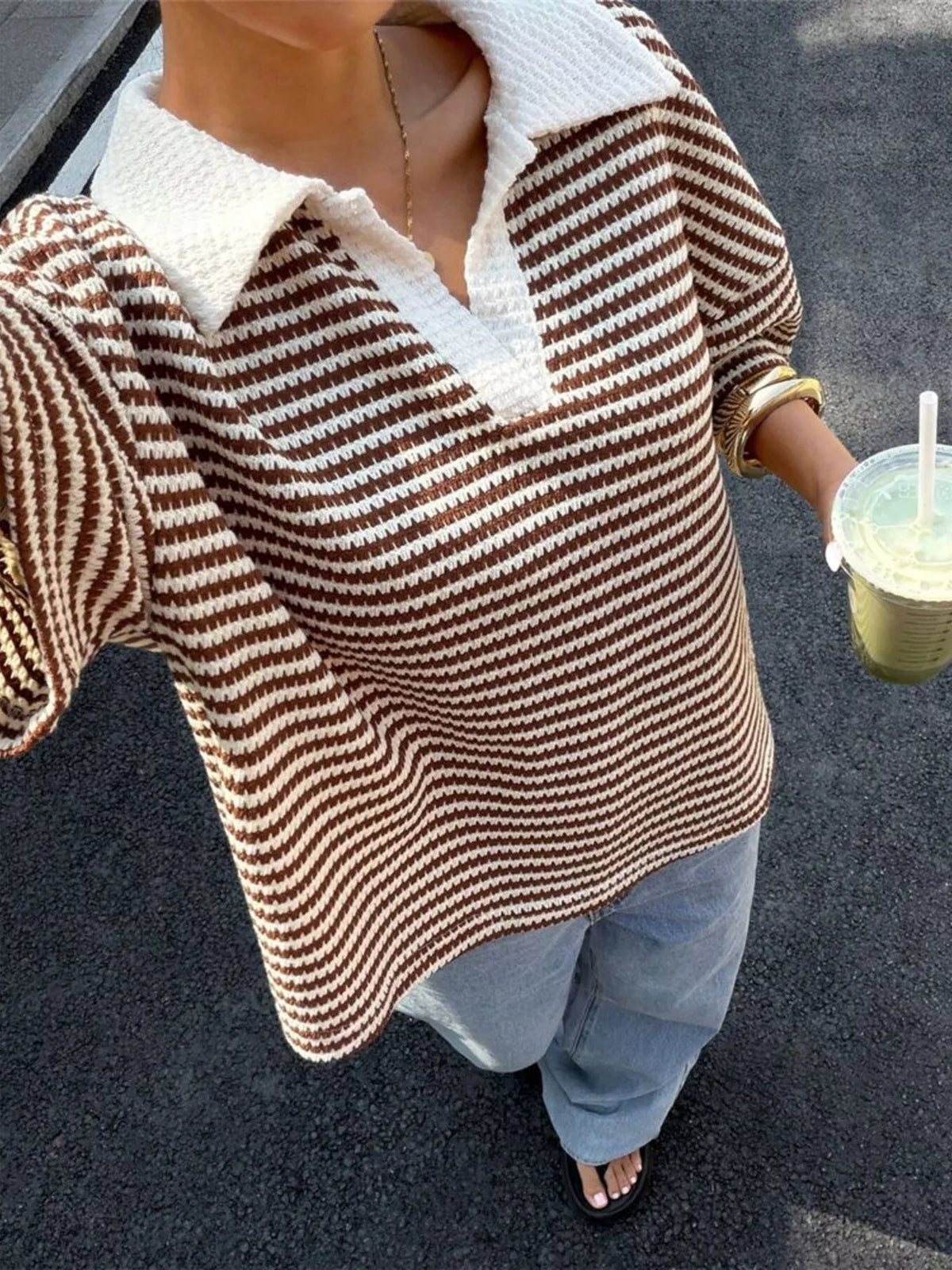 Striped Knit 3/4 Sleeve Polo Top (3)