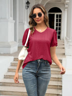 Eyelet Round Neck Short Sleeve Blouse (4)