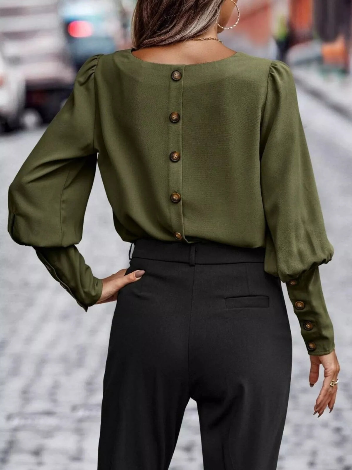 Back Button Lantern Sleeve Blouse (17)