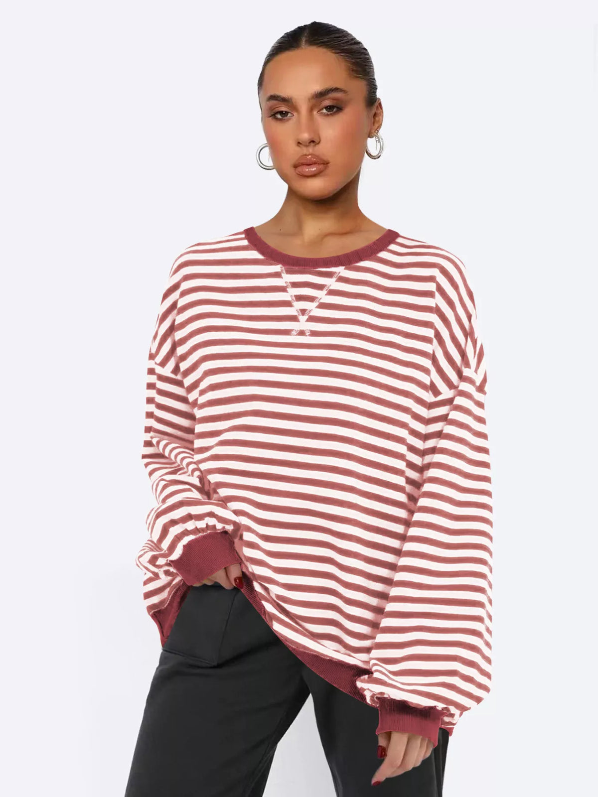 Striped Round Neck Long Sleeve Sweatshirt (2)