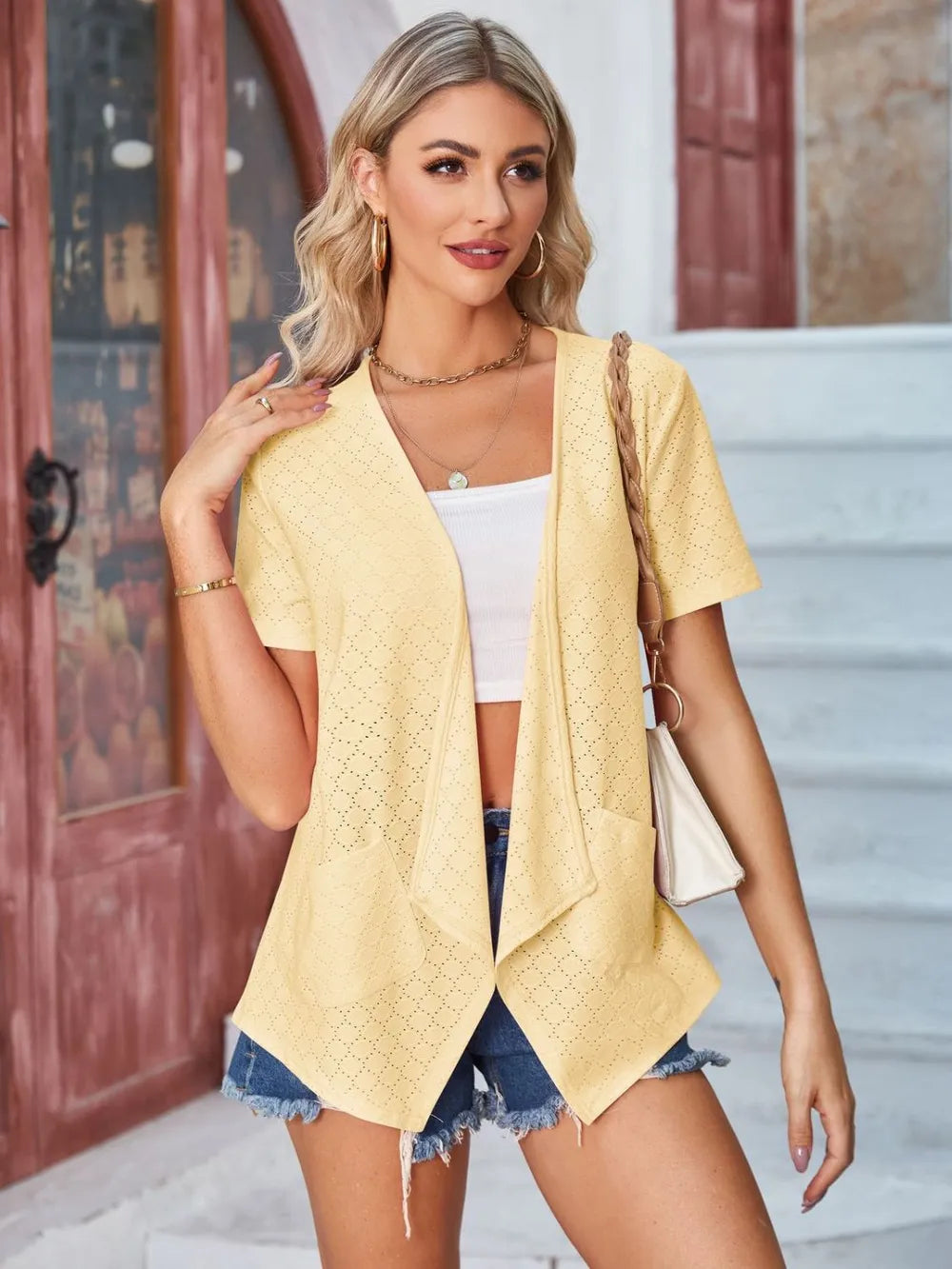 Eyelet Open Front Short Sleeve Cover Up (19)