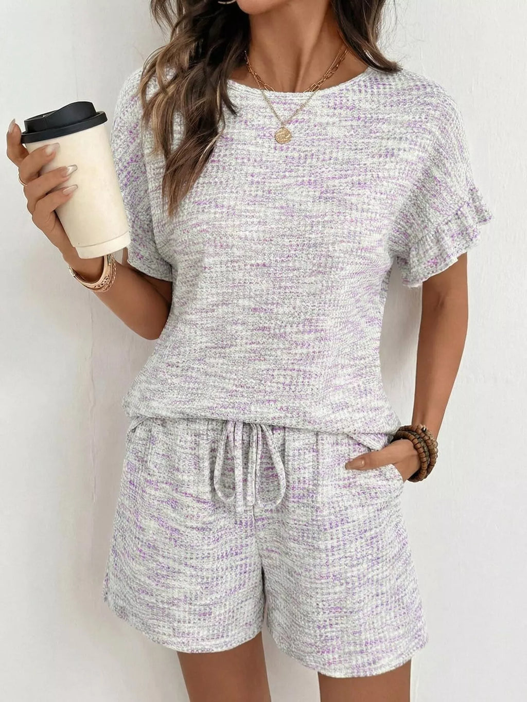 Ruffle Sleeve Textured Top Shorts Set (26)