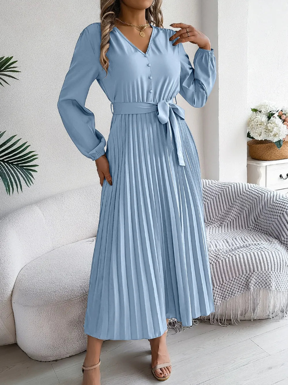 Pleated Tied V-neck Long Sleeve Dress (9)