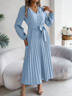 Pleated Tied V-neck Long Sleeve Dress (9)