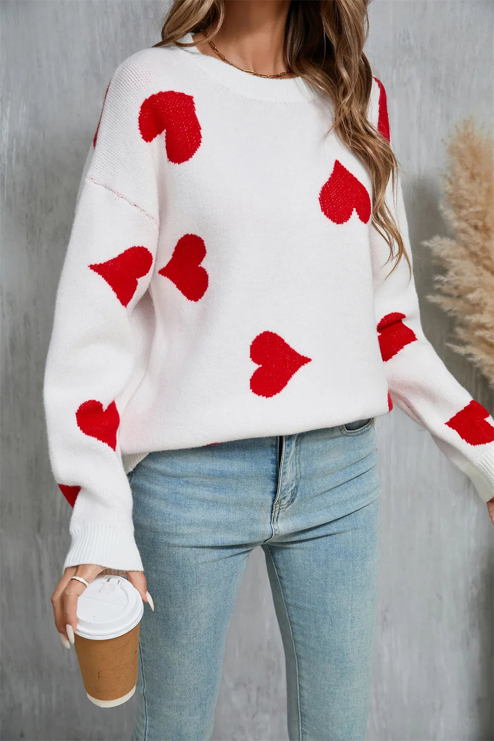 Heart Round Neck Dropped Shoulder Sweater (4)