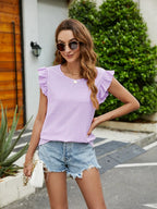 Plaid Ruffled Round Neck Cap Sleeve T-shirt (15)