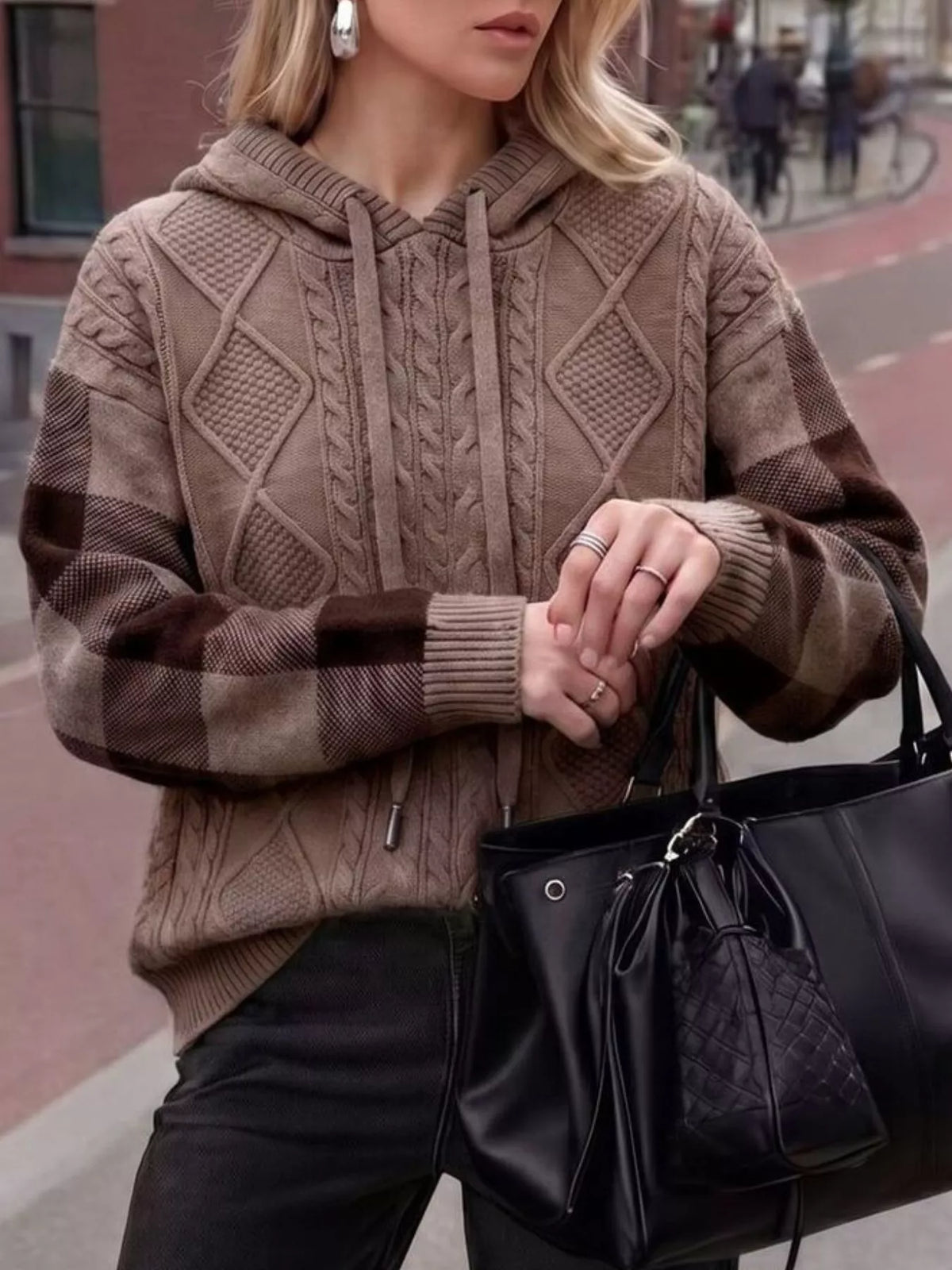 Cable-knit Plaid Sleeves Hooded Sweater (6)