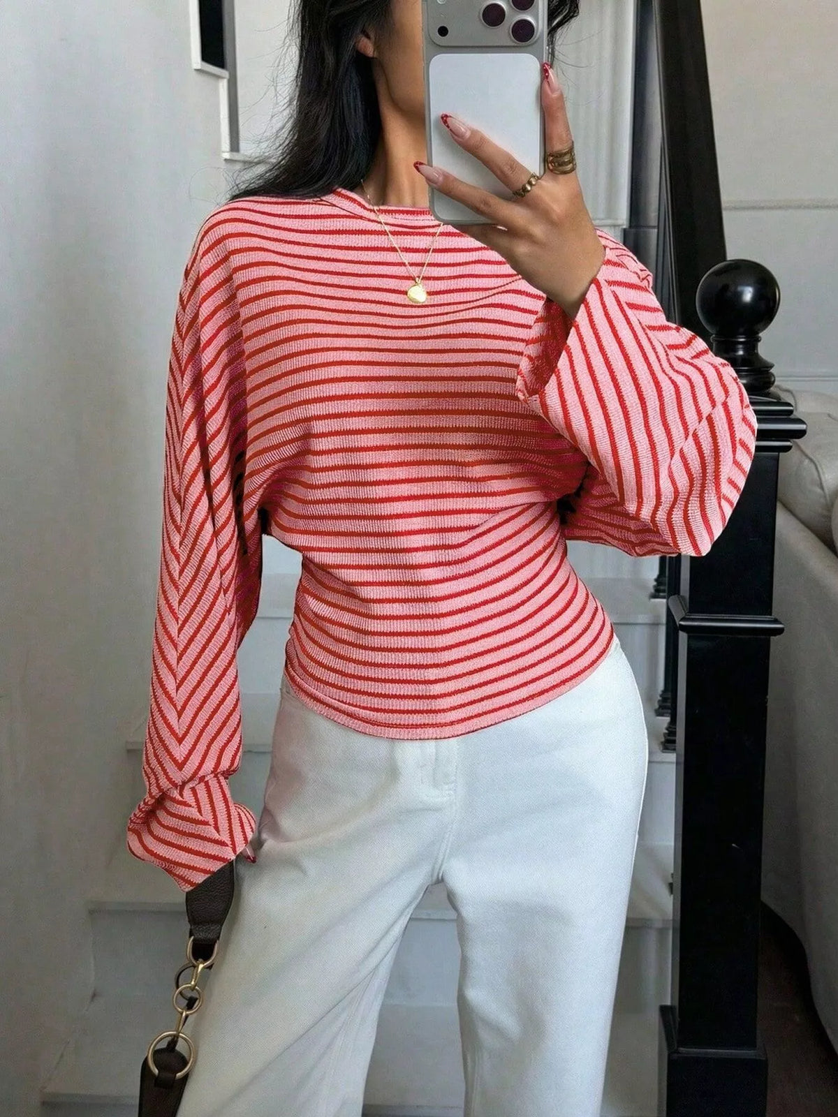 Casual Striped Batwing Sleeve T-shirt (15)