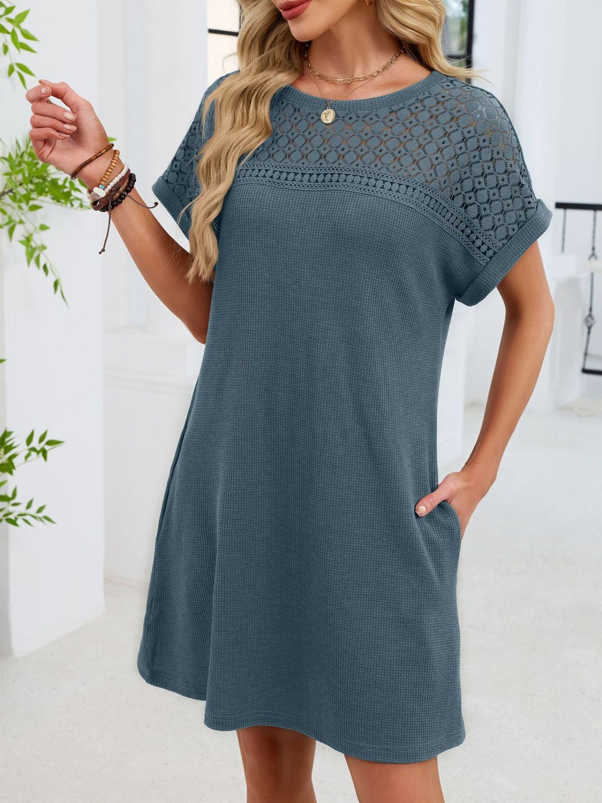 Lace Round Neck Short Sleeve T-shirt Dress (13)