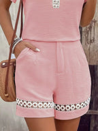 Lace Trim V-neck Top Shorts Two-piece Set (6)