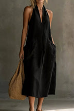 Casual Halter Neck Pocket Midi Dress (16)
