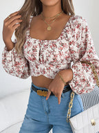 Floral Balloon Sleeve Square Neck Crop Blouse (3)