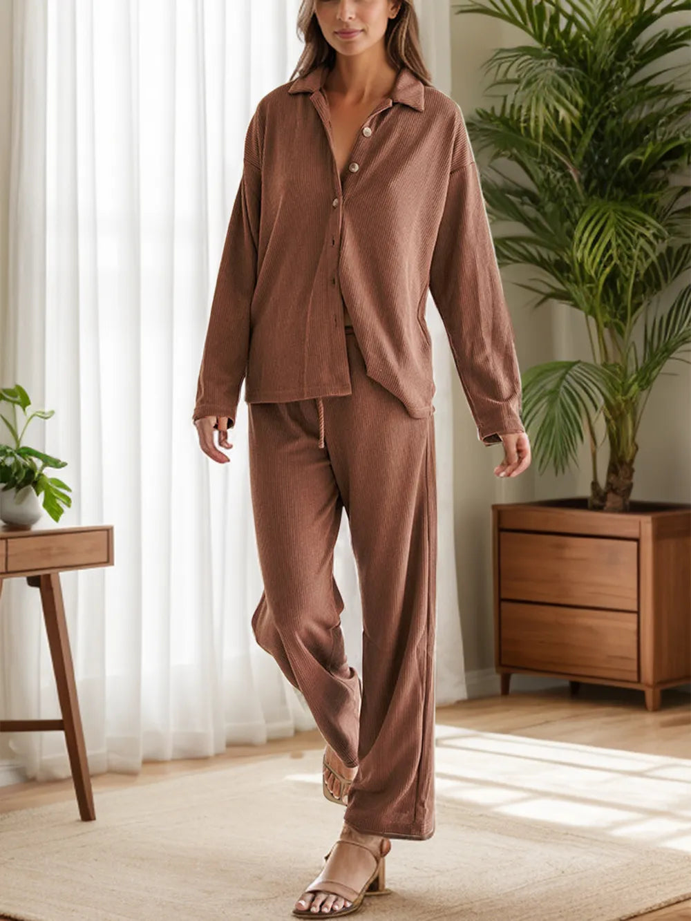 Collared Neck Long Sleeve Top Drawstring Pants Set