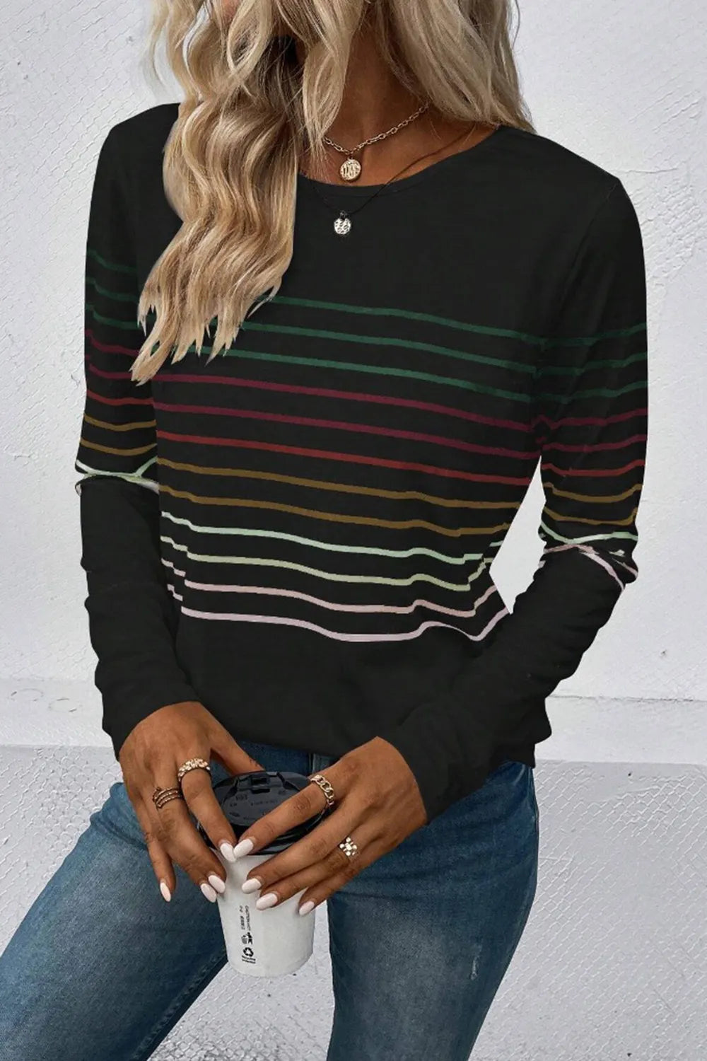 Striped Round Neck Long Sleeve T-shirt (3)