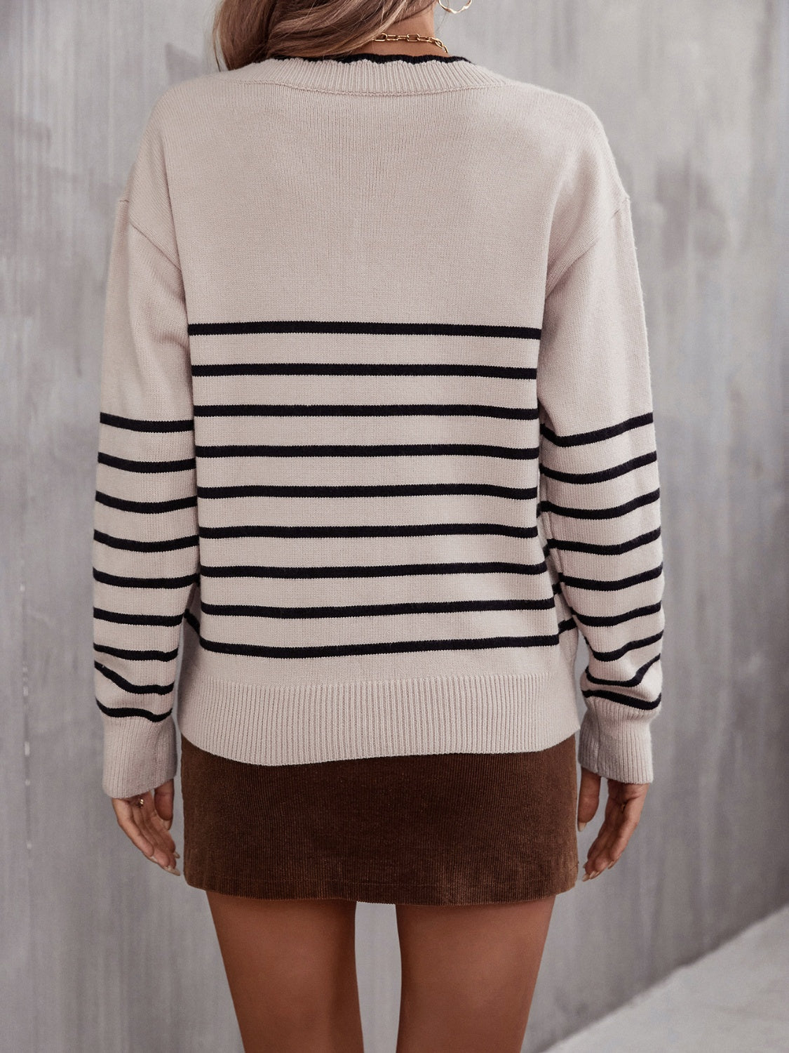 Striped V-neck Drop Shoulder Sweater (9)