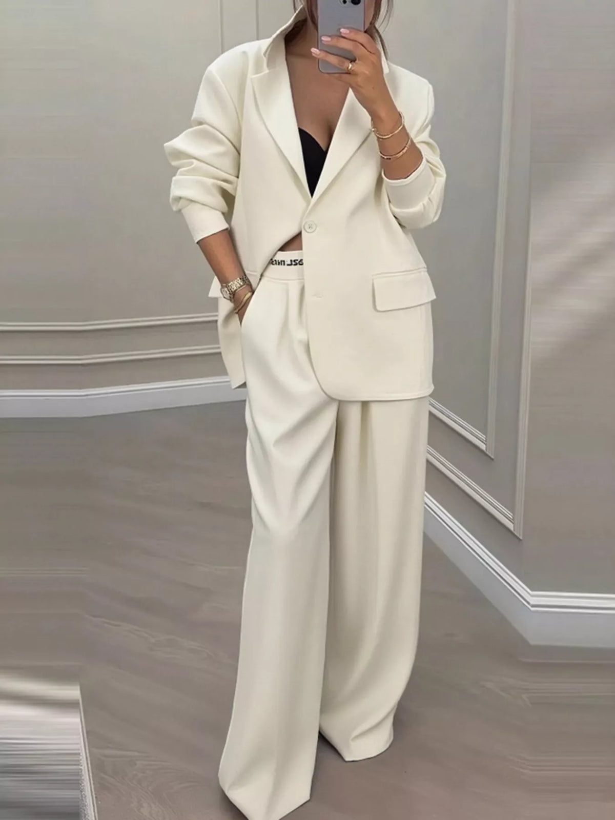 Full Size One Button Blazer Wide-leg Pants Set Plus (5)