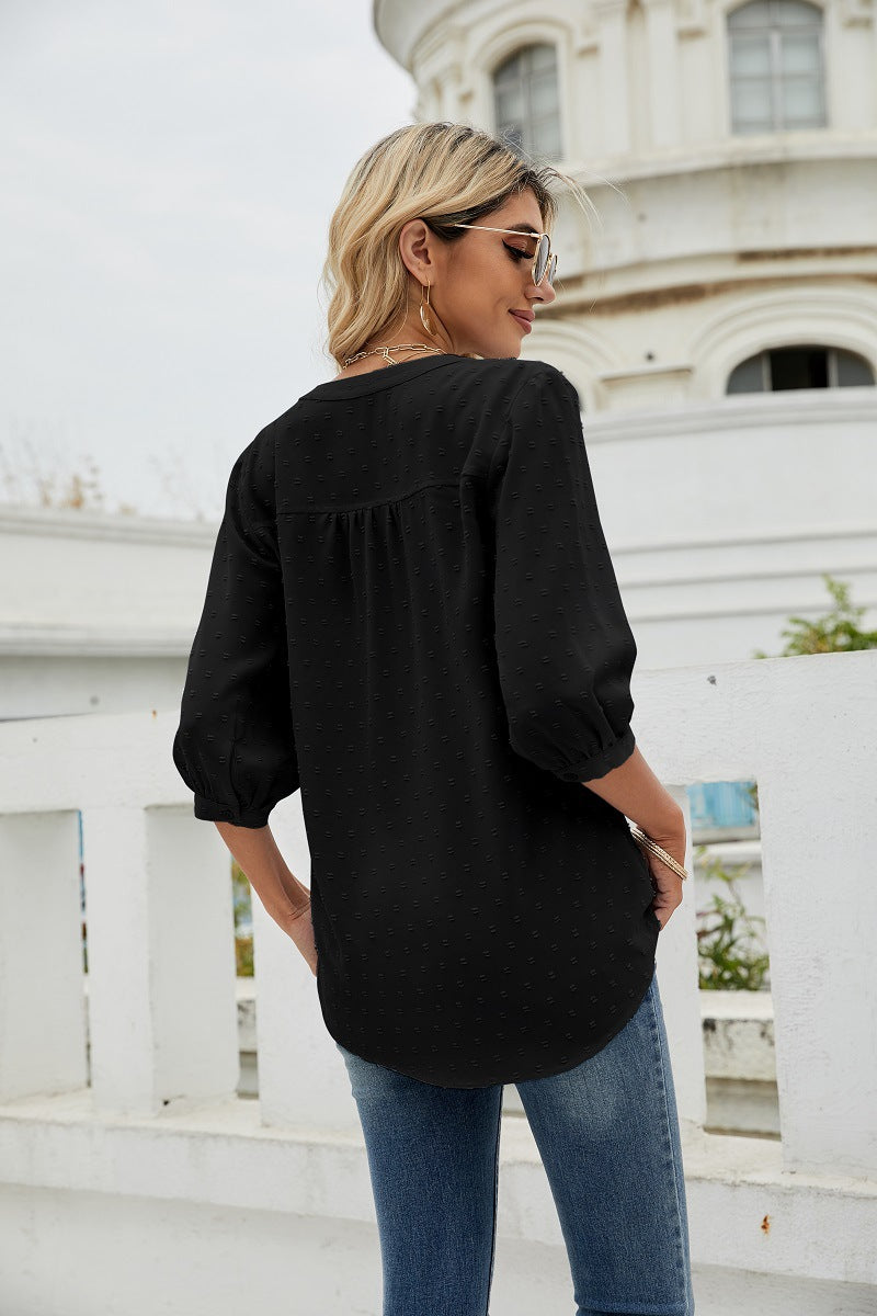 Swiss Dot Notched Neck Three-quarter Sleeve Blouse (11)