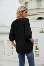 Swiss Dot Notched Neck Three-quarter Sleeve Blouse (11)