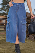 Slit Front Midi Denim Skirt Pockets