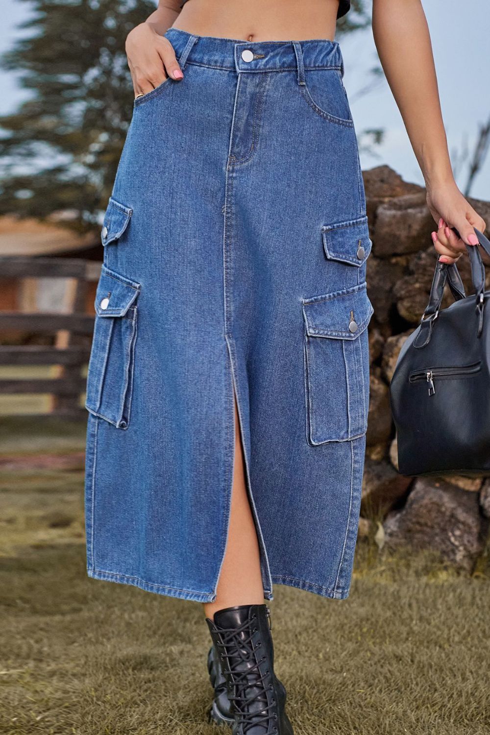 Slit Front Midi Denim Skirt Pockets