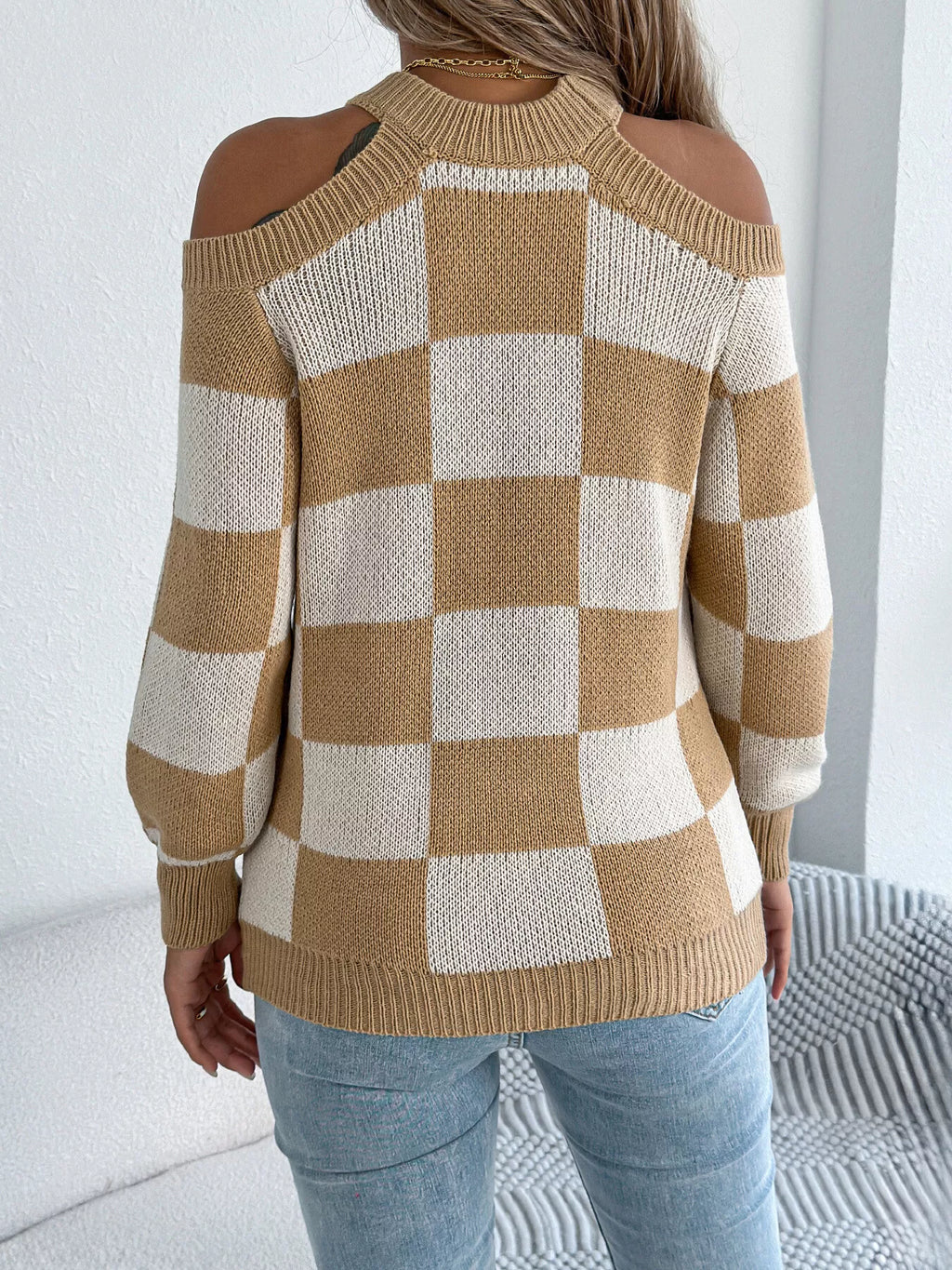 Cold Shoulder Checkered Long Sleeve Sweater (16)