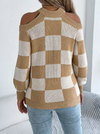 Cold Shoulder Checkered Long Sleeve Sweater (16)