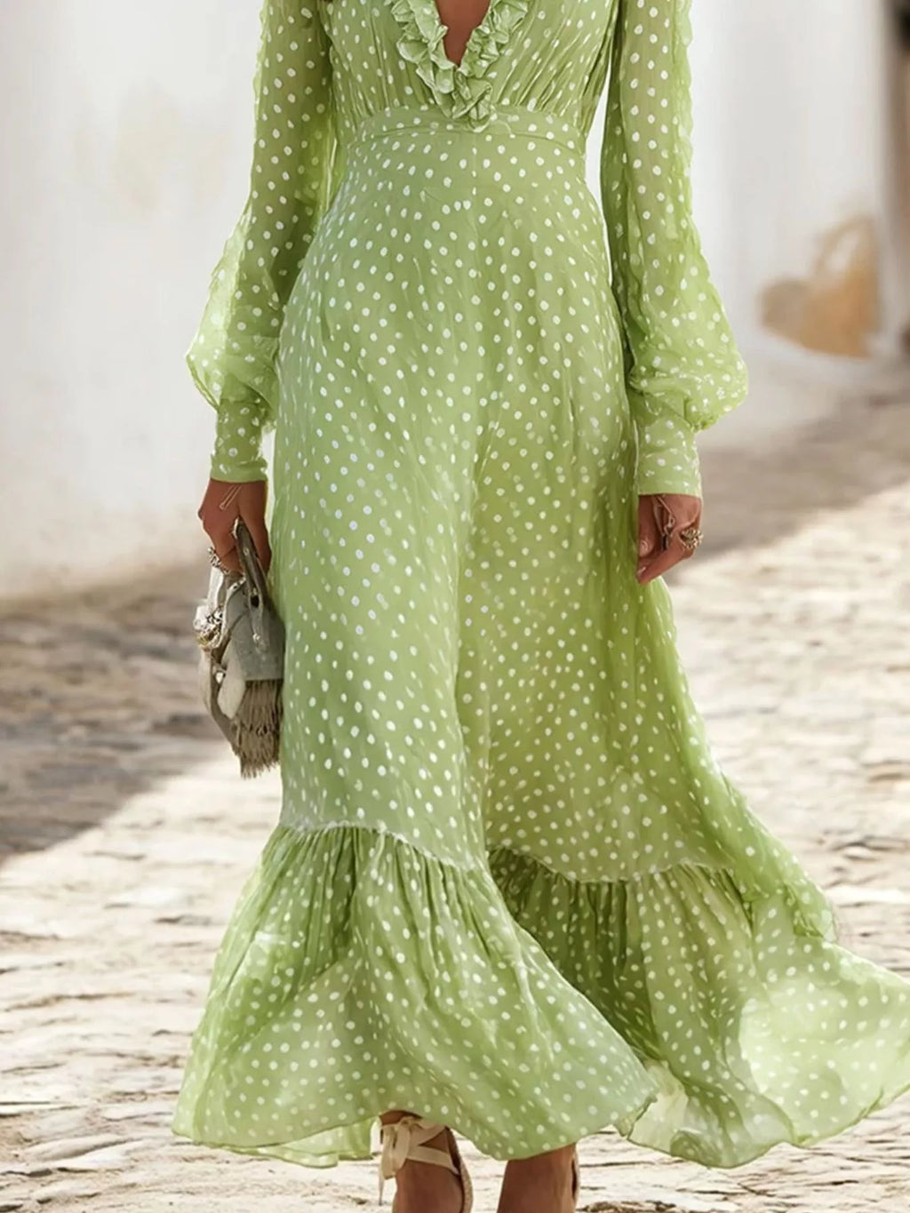 Full Size Polka Dot Ruffle V-neck Maxi Dress Plus (6)
