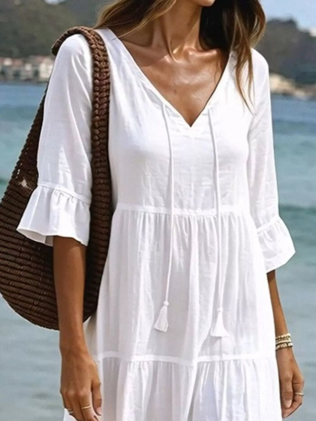 Full Size Tiered Tie Neck Flounce Sleeve Dress Plus (2)