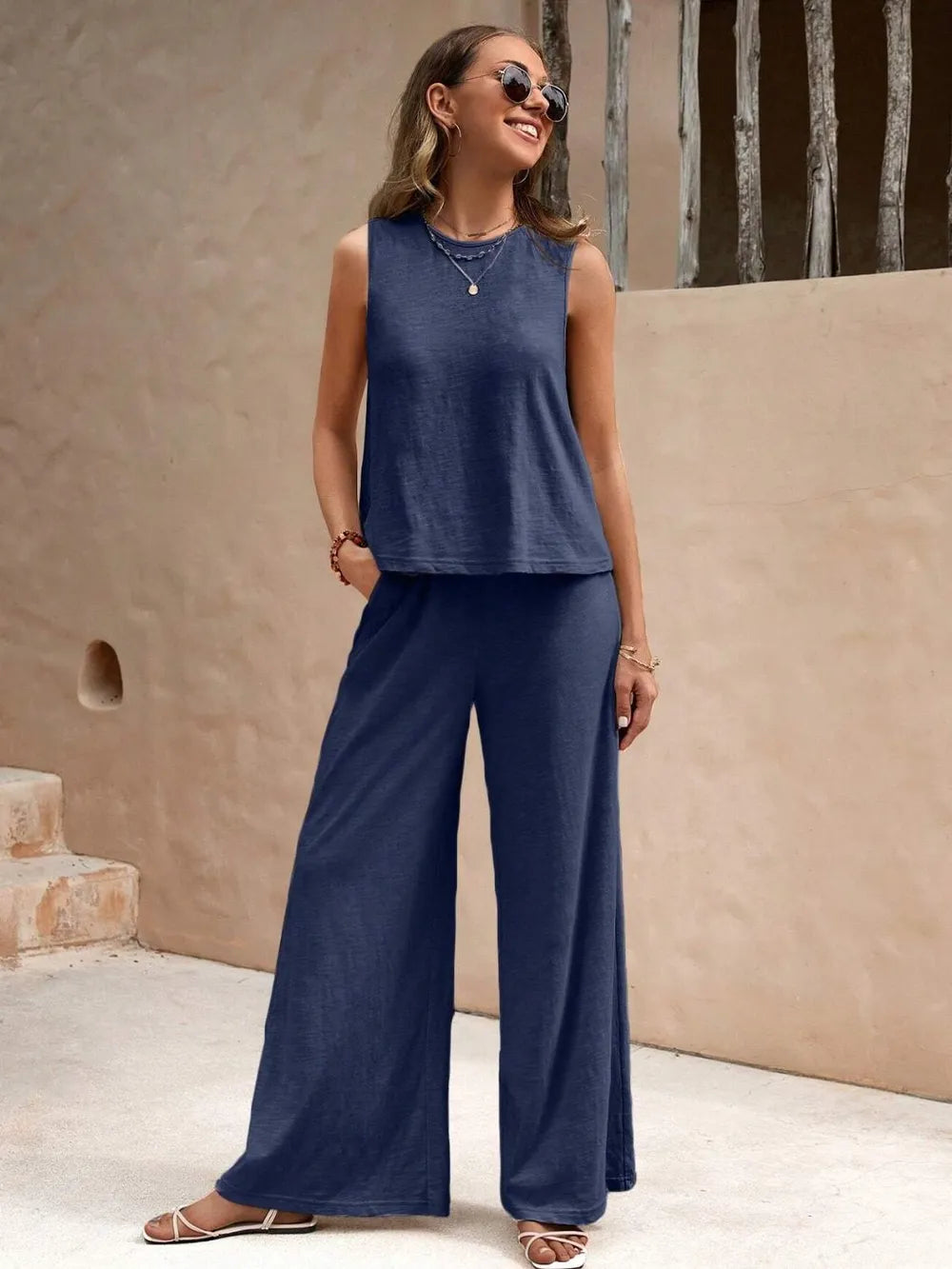 Round Neck Sleeveless Top Wide Leg Pants Set (15)