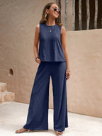 Round Neck Sleeveless Top Wide Leg Pants Set (15)