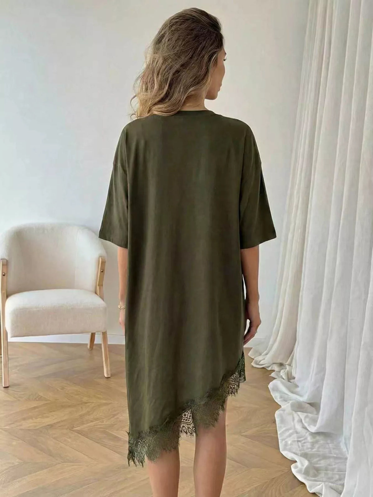 Lace Trim Asymmetrical Hem T-shirt Dress (15)