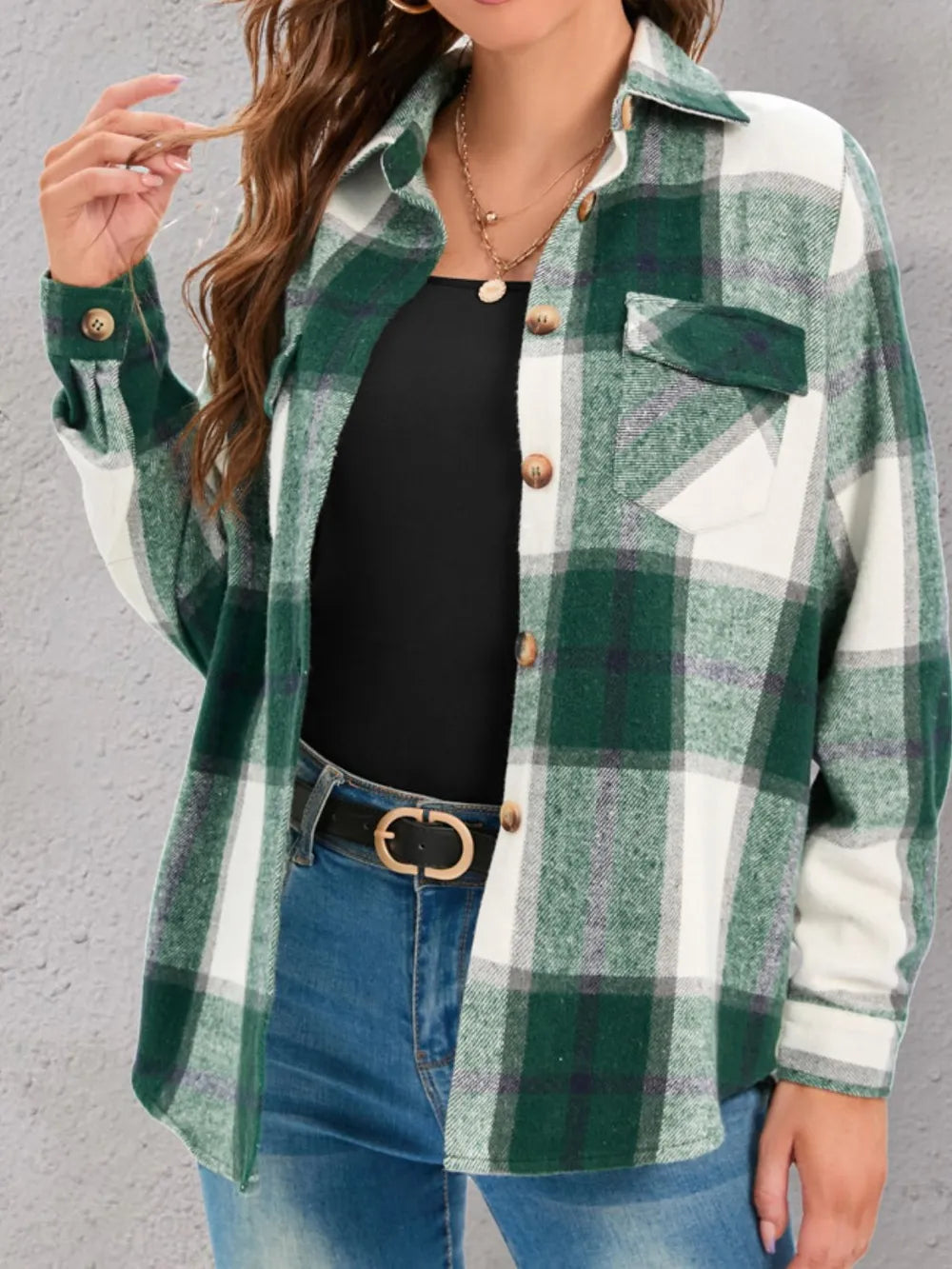 Full Size Pocketed Plaid Collared Neck Shacket (10)