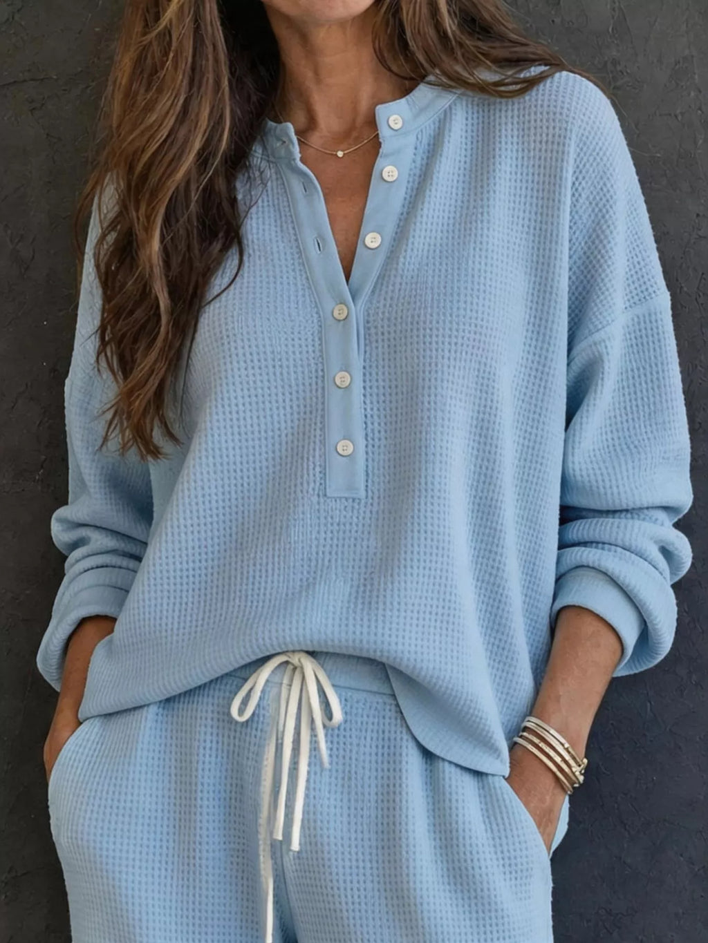 Waffle Knit Henley Top Wide Leg Pants Set (8)
