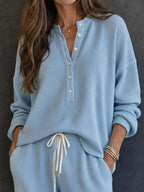 Waffle Knit Henley Top Wide Leg Pants Set (8)