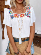 Embroidered Square Neck Flutter Sleeve Blouse (15)