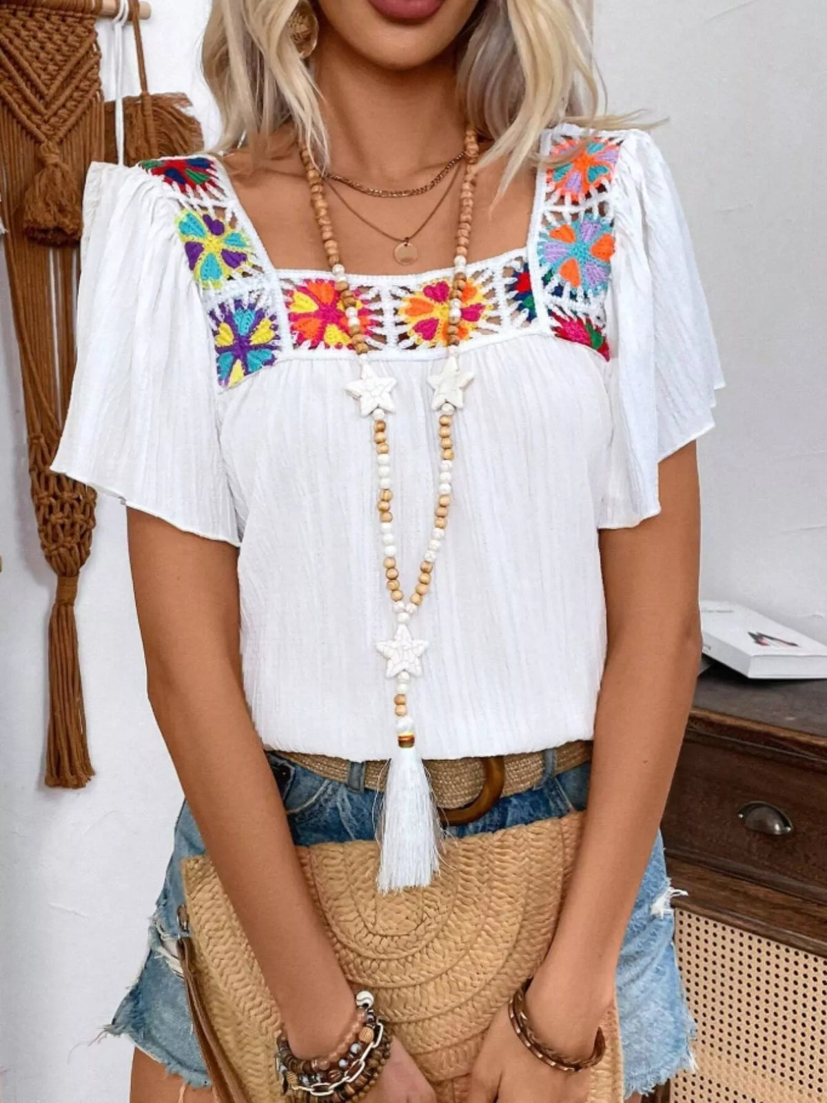 Embroidered Square Neck Flutter Sleeve Blouse (15)