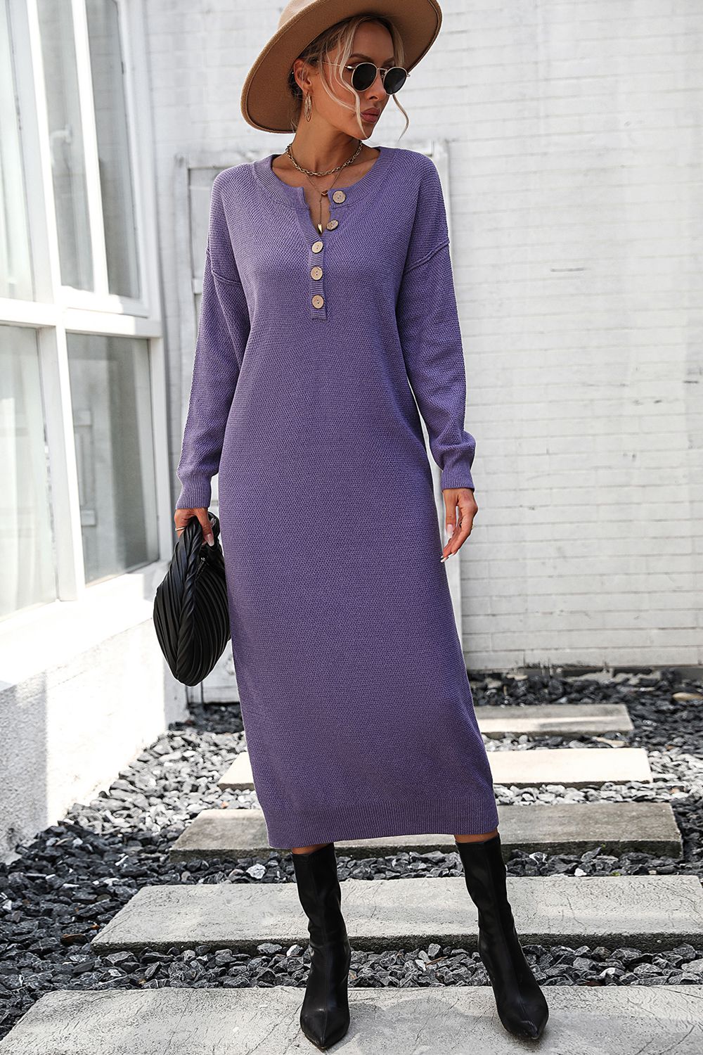 Notched Neck Dropped Shoulder Button-down Midi Dress (3)