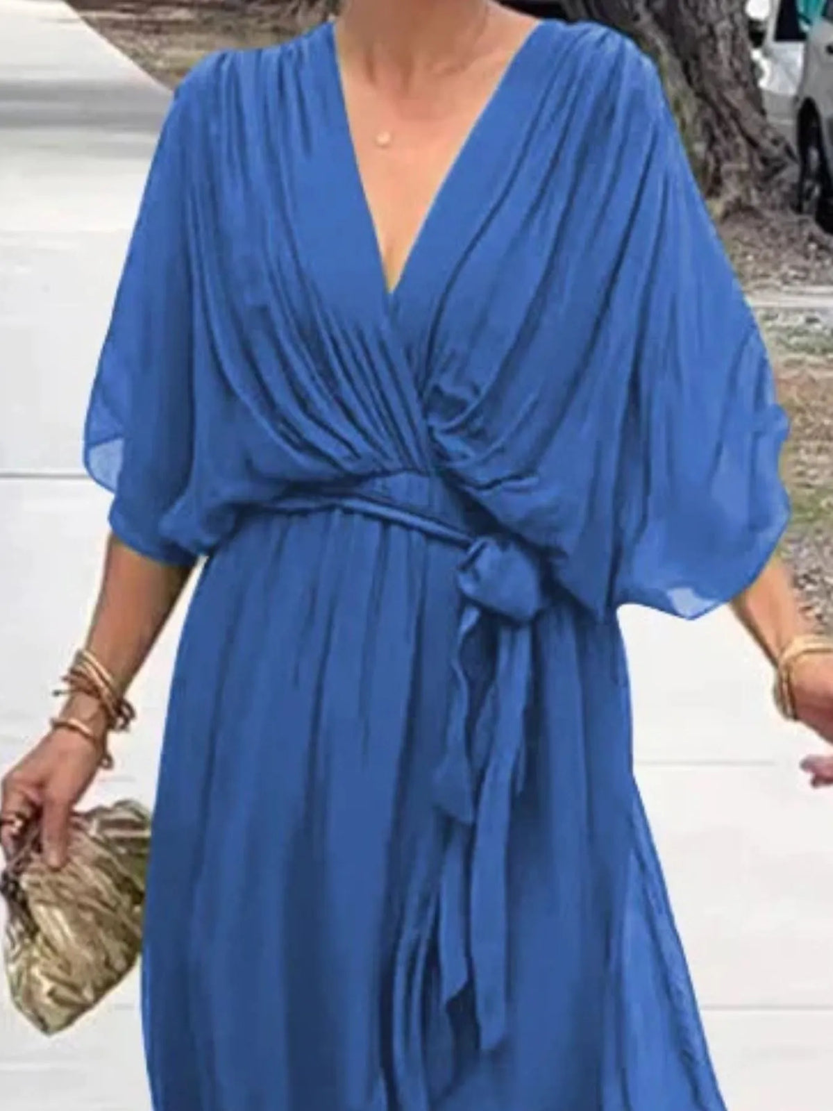 Full Size Flowy Tie Front Midi Dress Flutter Sleeves Plus (27)