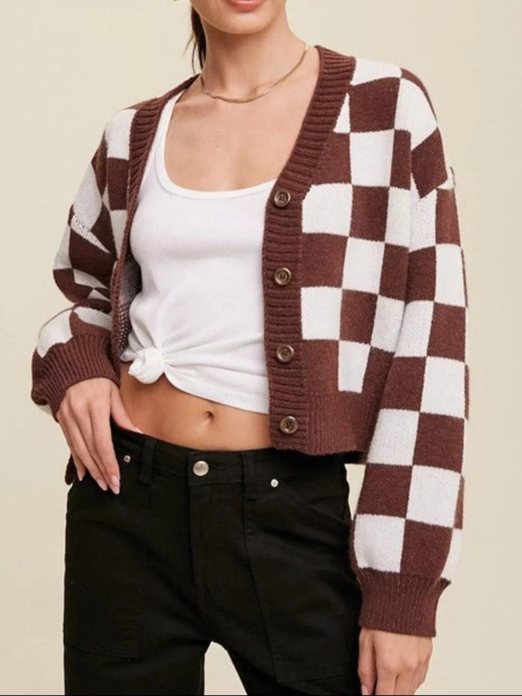 Checkerboard Pattern Button-down Cardigan (8)