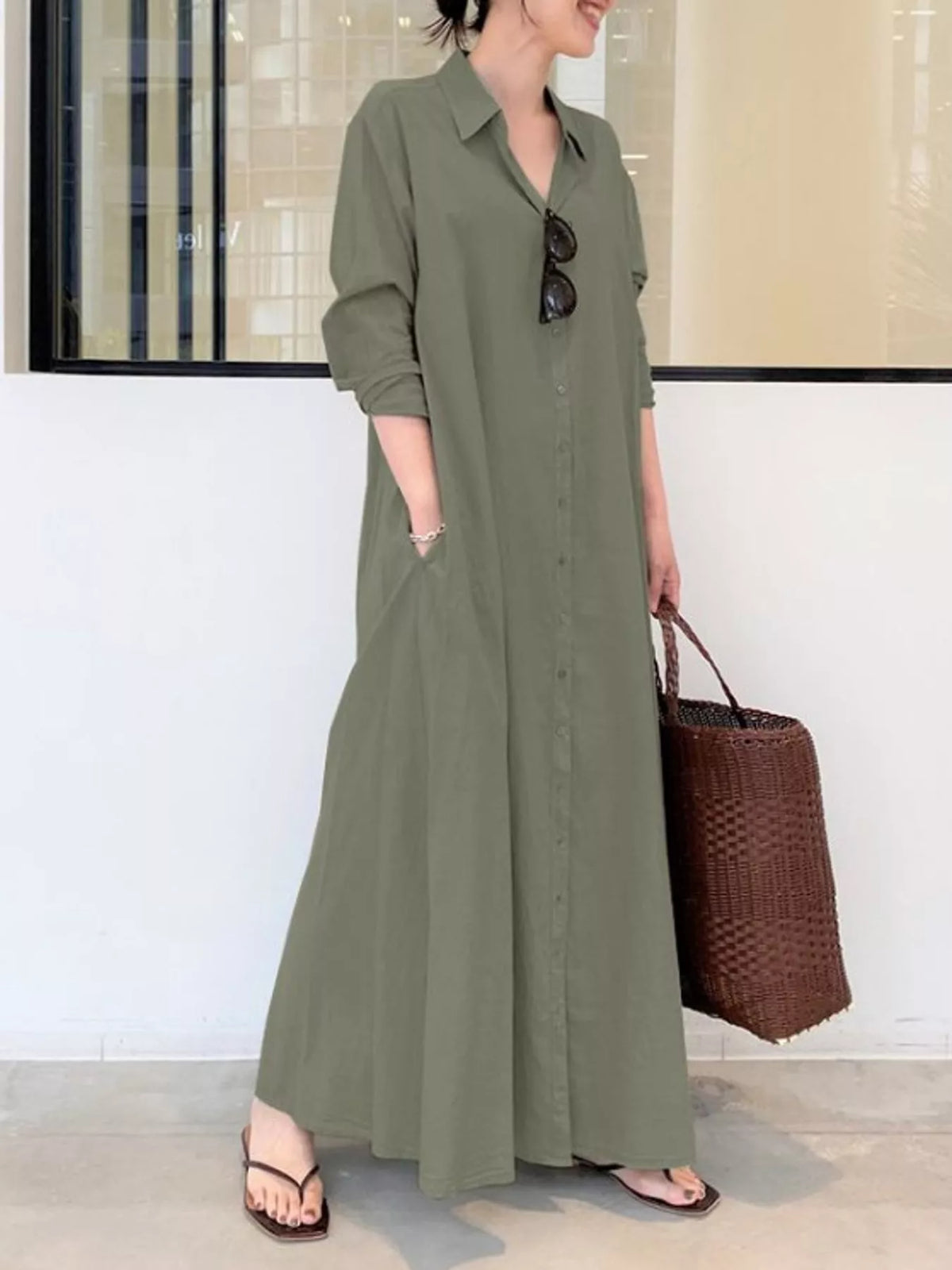 Full Size Button Front Long Sleeve Maxi Shirt Dress Plus (48)