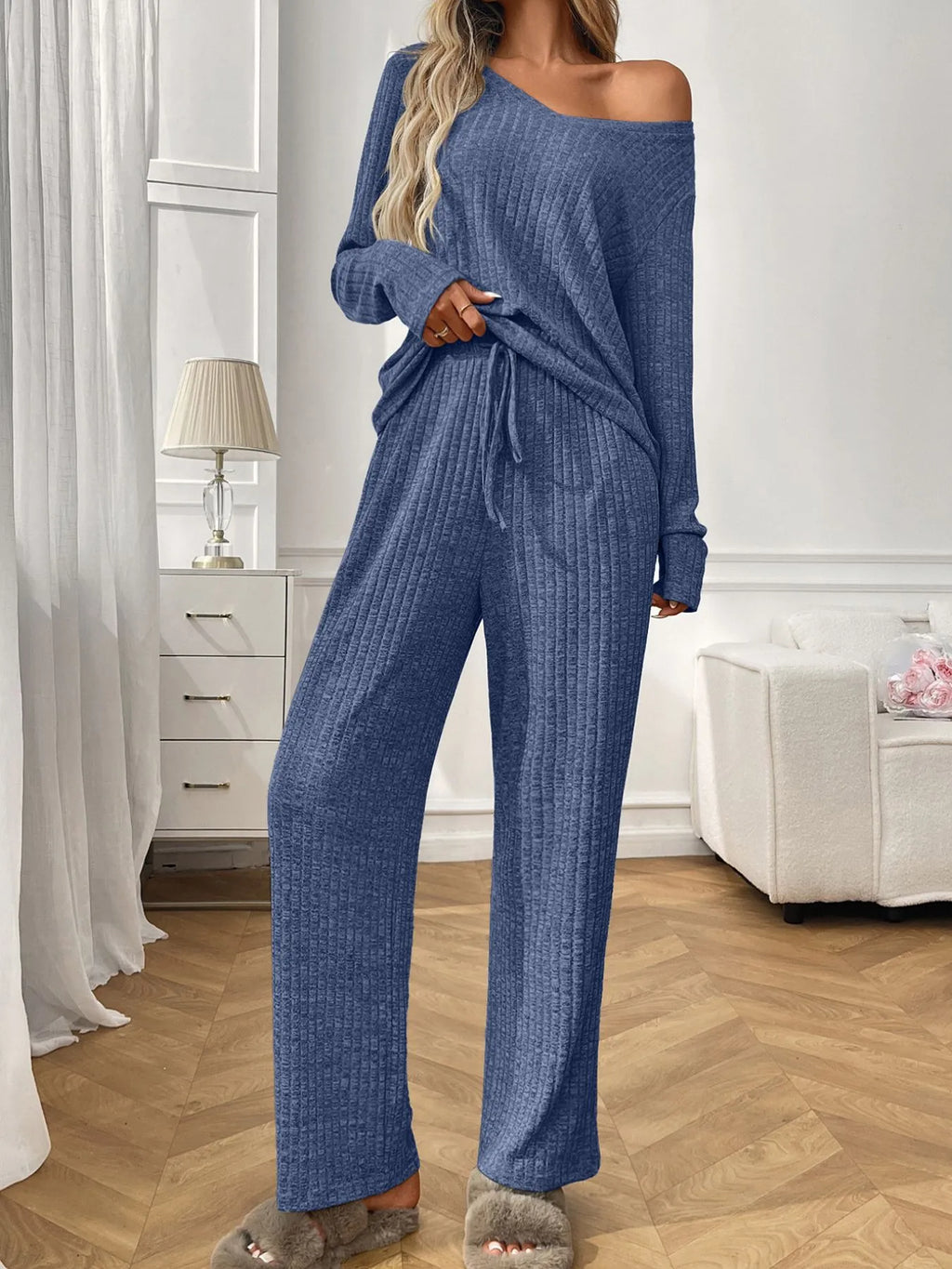 Ribbed Long Sleeve Top Pants Lounge Set (2)
