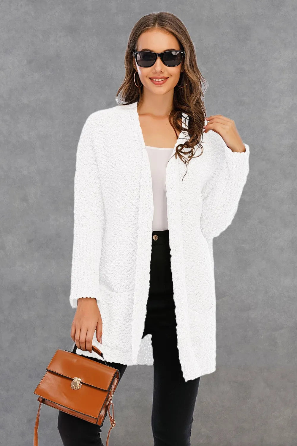 Pocketed Open Front Long Sleeve Cardigan (2)