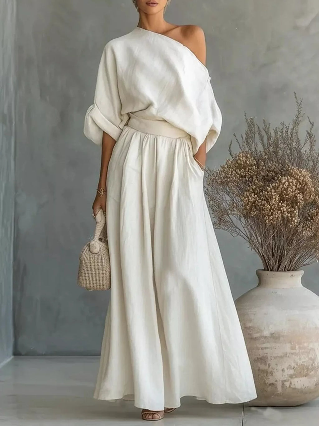 Full Size One Shoulder Top Wide Leg Pants Set Plus