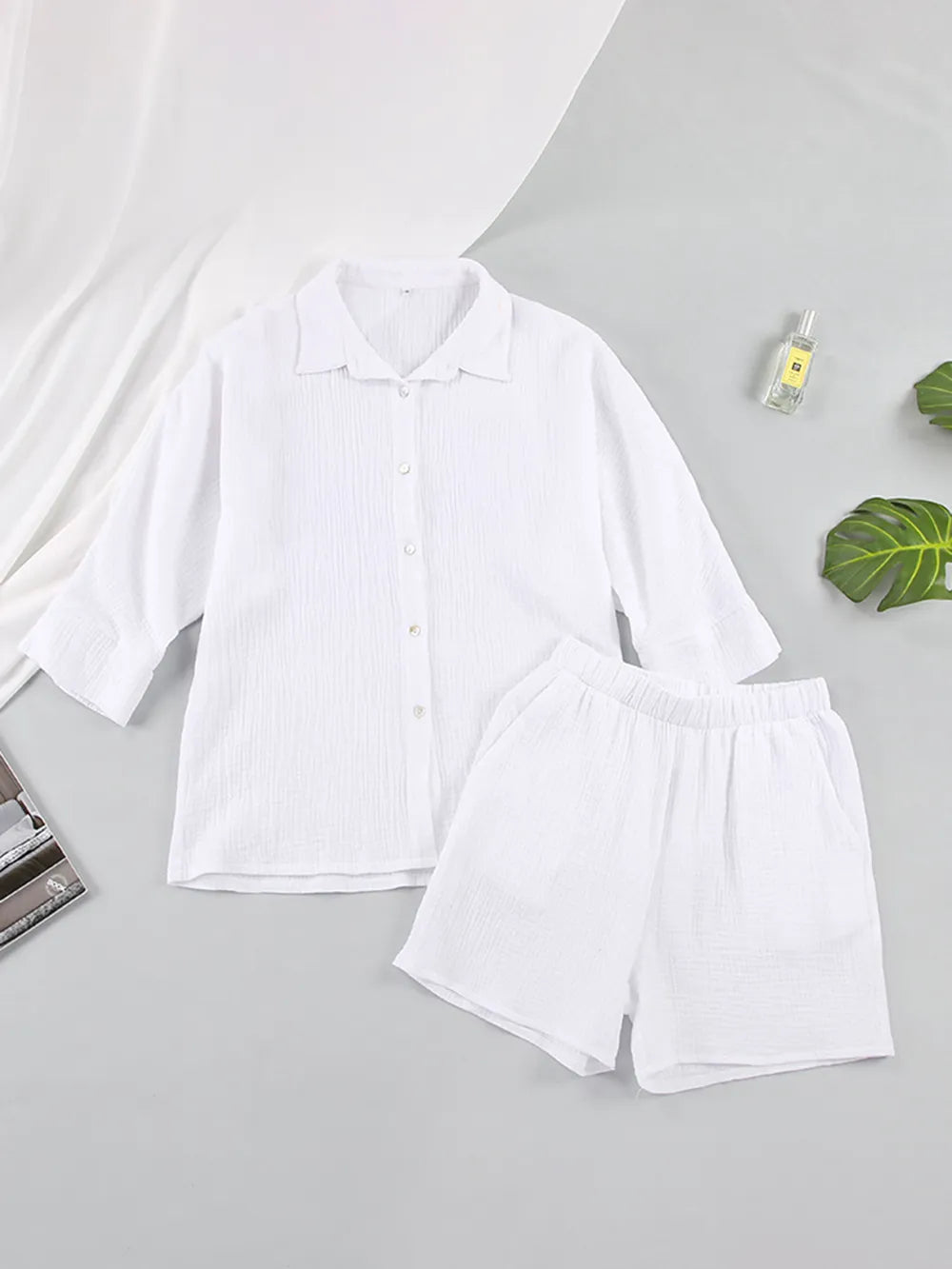 Texture Button Up Shirt Shorts Set (2)