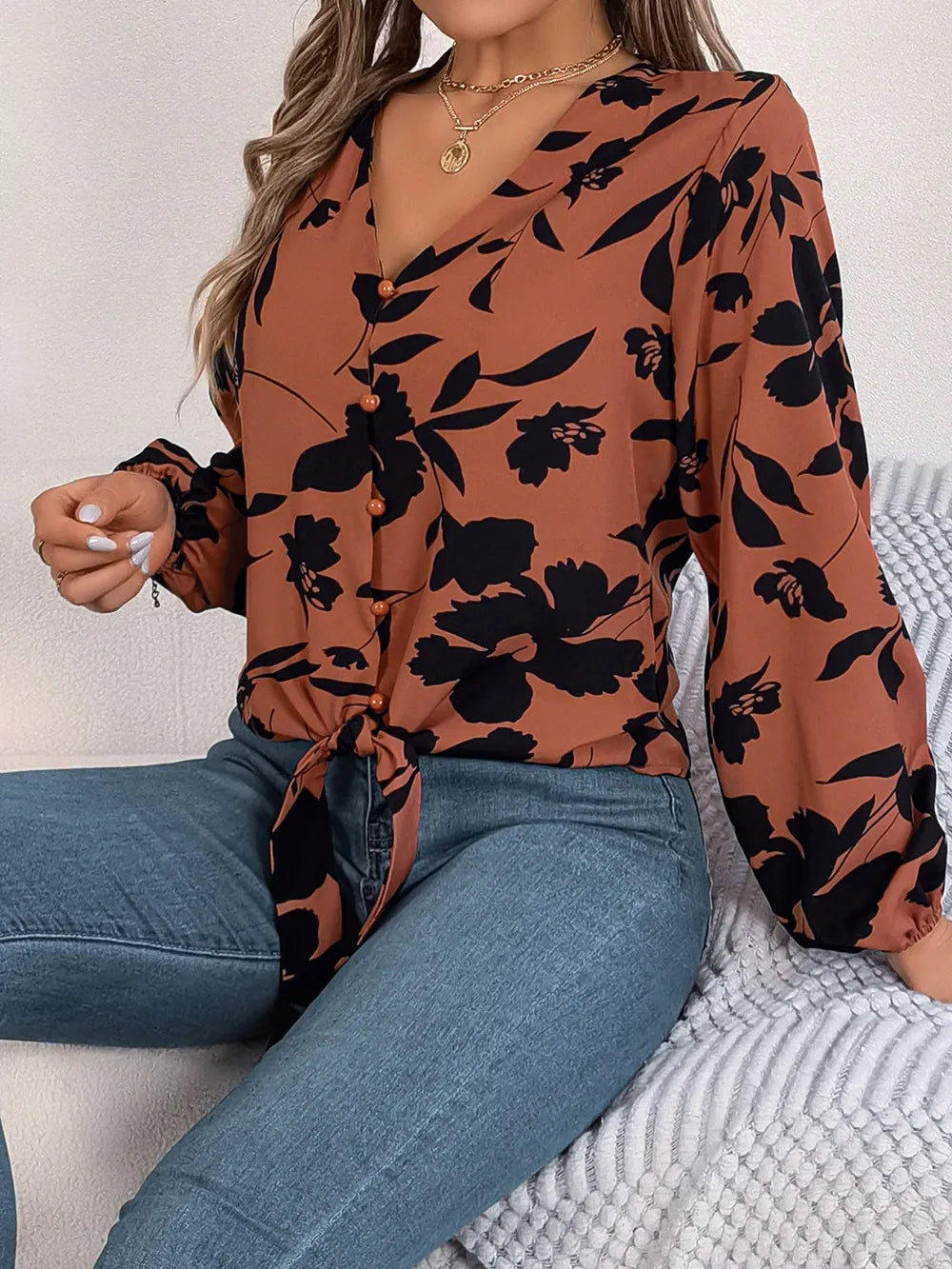 Printed V-neck Long Sleeve Blouse (10)
