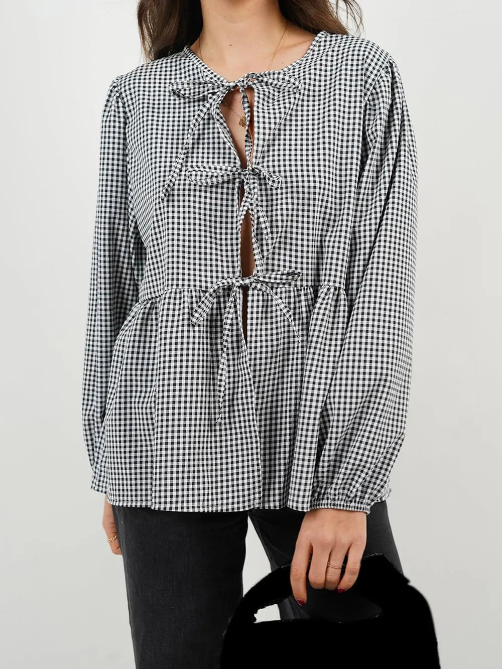 Tied Round Neck Long Sleeve Blouse (12)