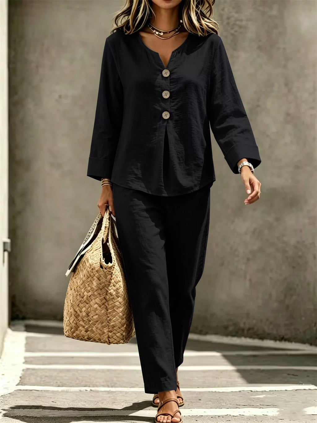 Button Detail Long Sleeve Top Pants Set (9)