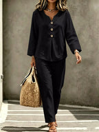 Button Detail Long Sleeve Top Pants Set (9)