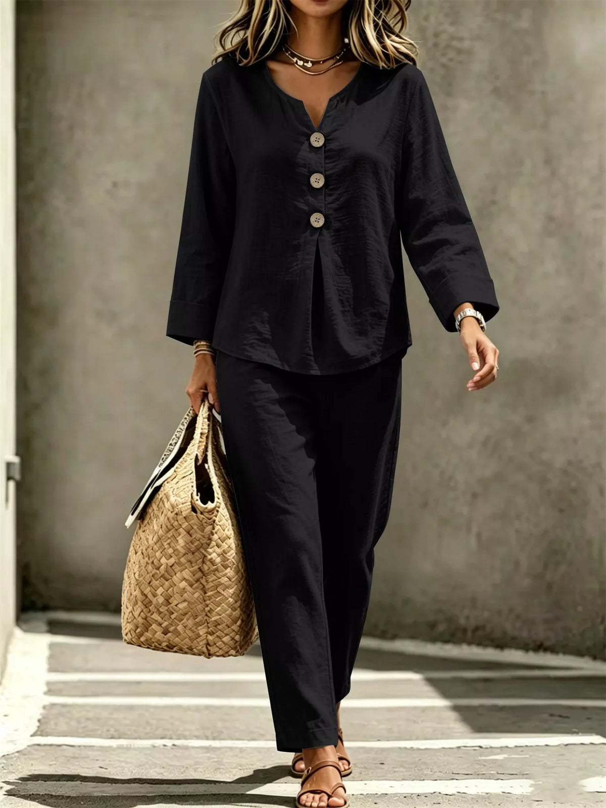 Button Detail Long Sleeve Top Pants Set (9)